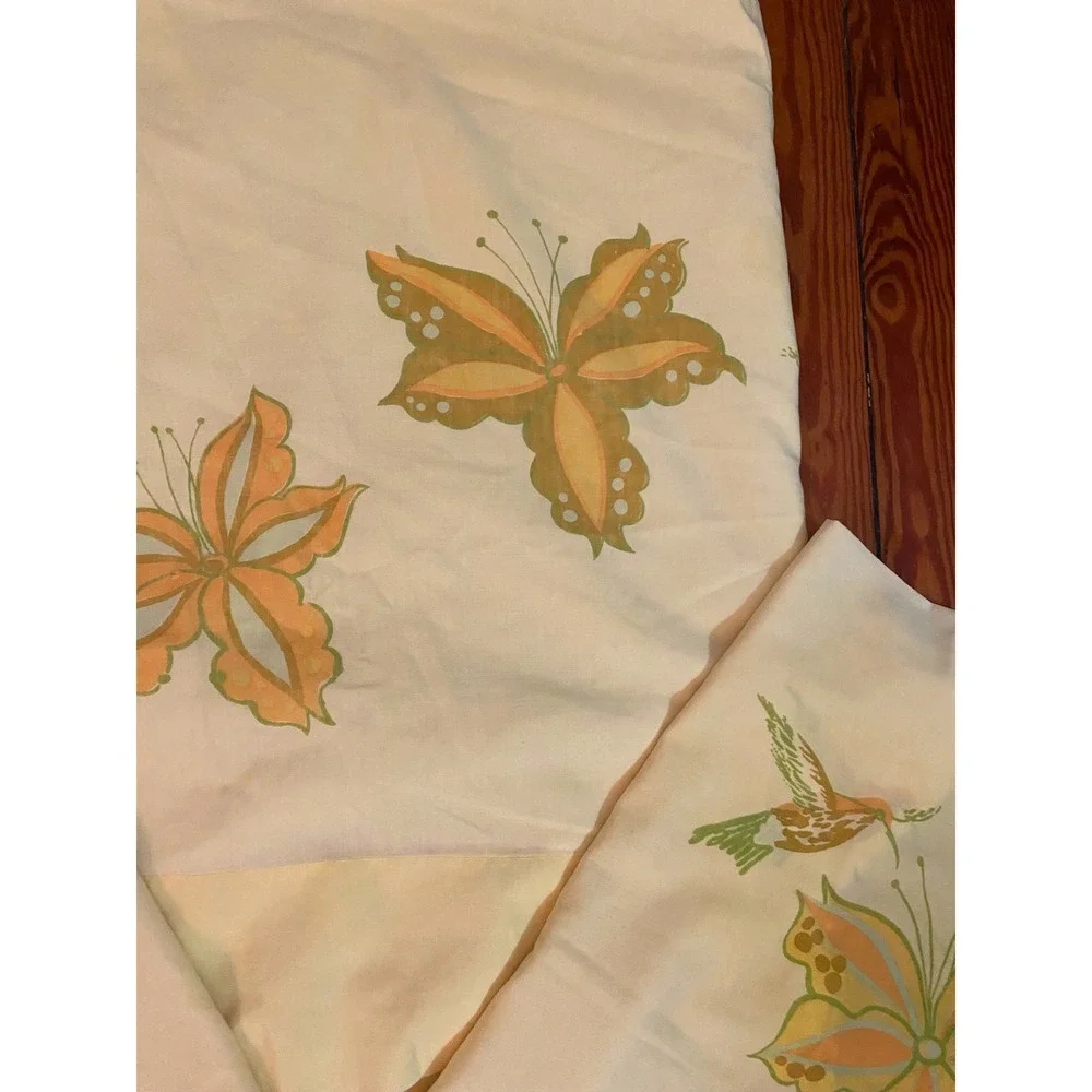 Vintage 70s Yellow Hummingbird Butterfly Flat Sheet and Pillowcase Set 3 Piece